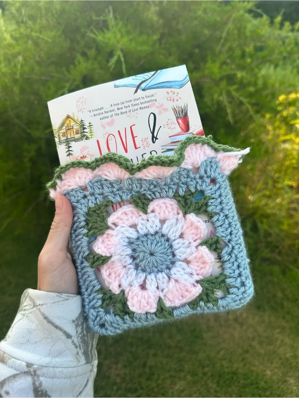 Handmade Crochet Flower Book Sleeve in Blue, Pink & Green